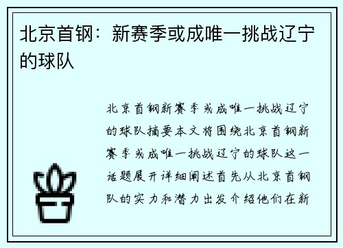 北京首钢：新赛季或成唯一挑战辽宁的球队